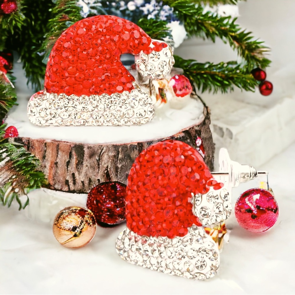 🆕RED & CLEAR ZIRCON SANTA HAT STUDS WITH STERLING SILVER POST!